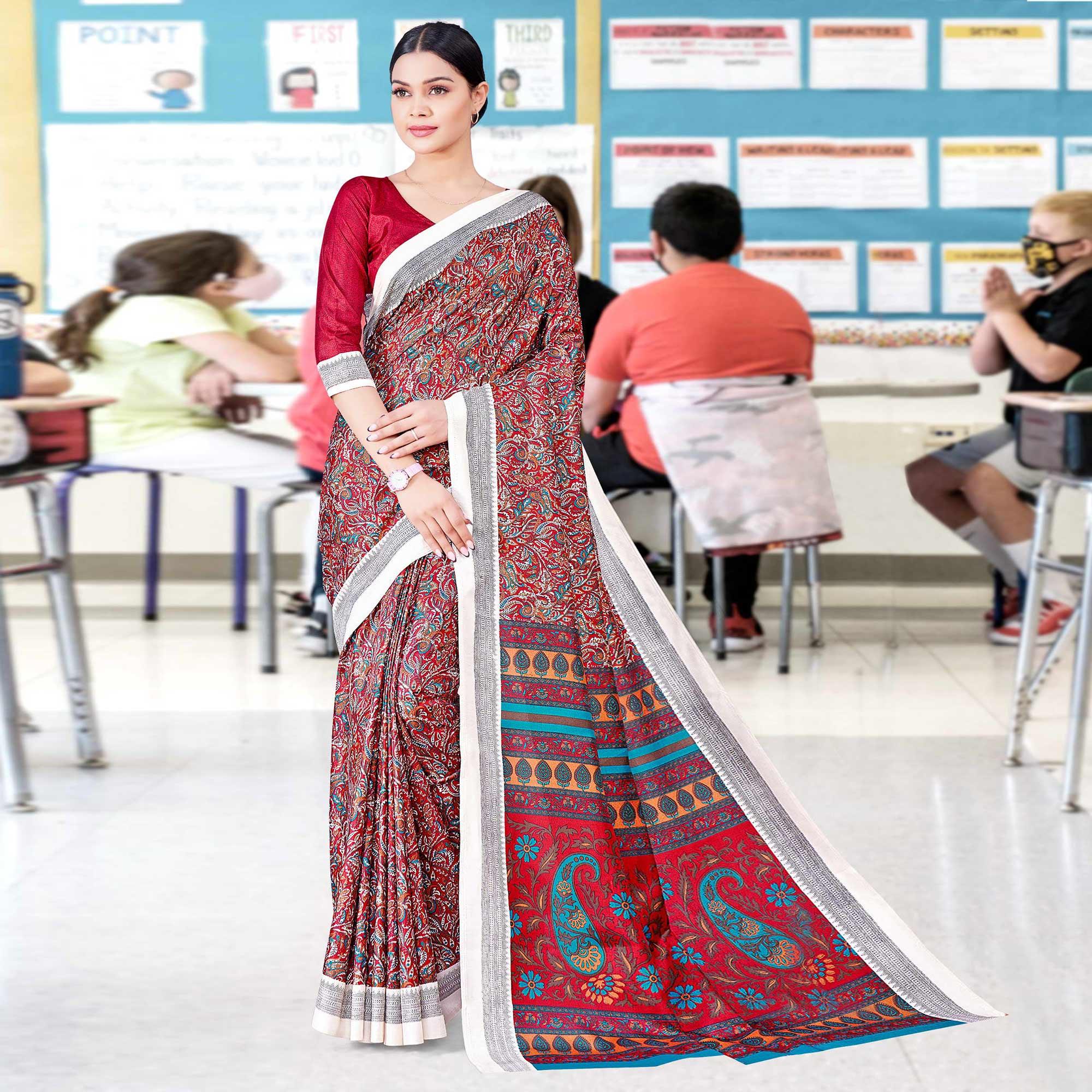 Red Casual Wear Printed Silk Saree - Peachmode