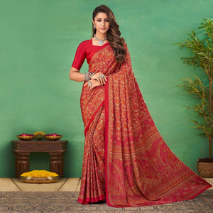 Red Casual Wear Printed Silk Saree - Peachmode