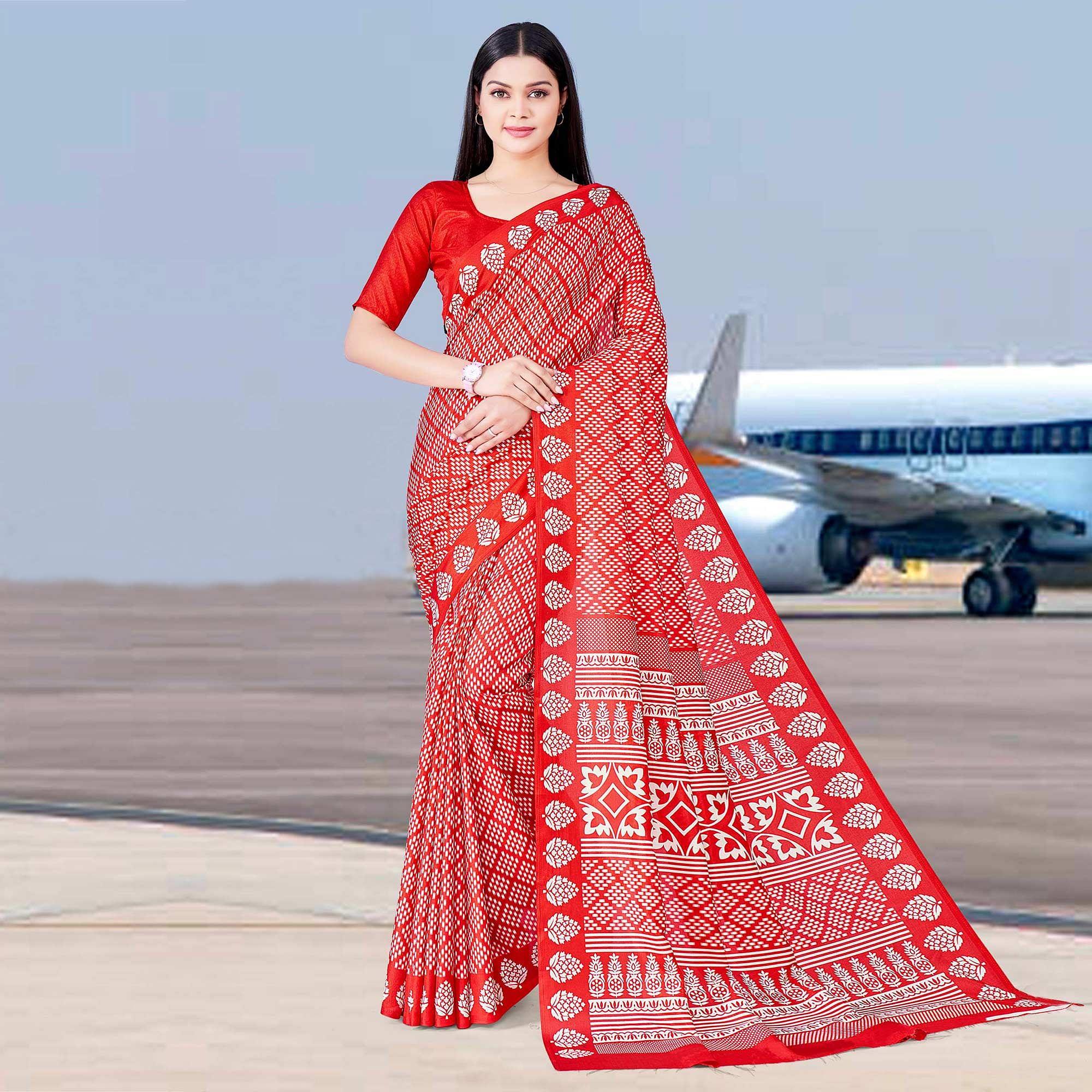 Red Casual Wear Printed Silk Saree - Peachmode