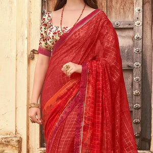 Red Casual Wear Printed Silk Saree - Peachmode