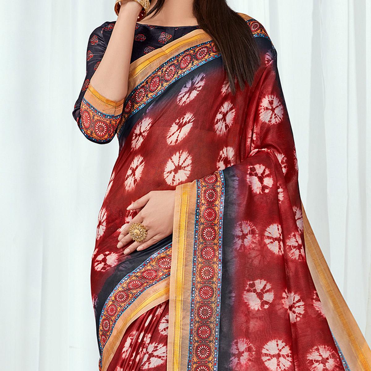Red Casual Wear Printed Silk Saree - Peachmode