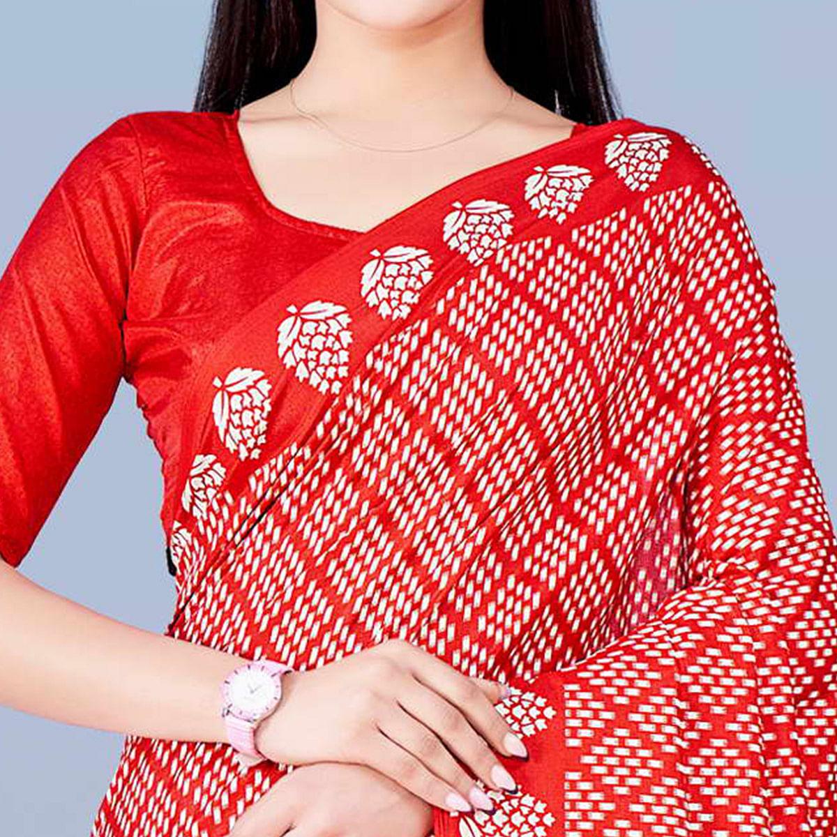Red Casual Wear Printed Silk Saree - Peachmode