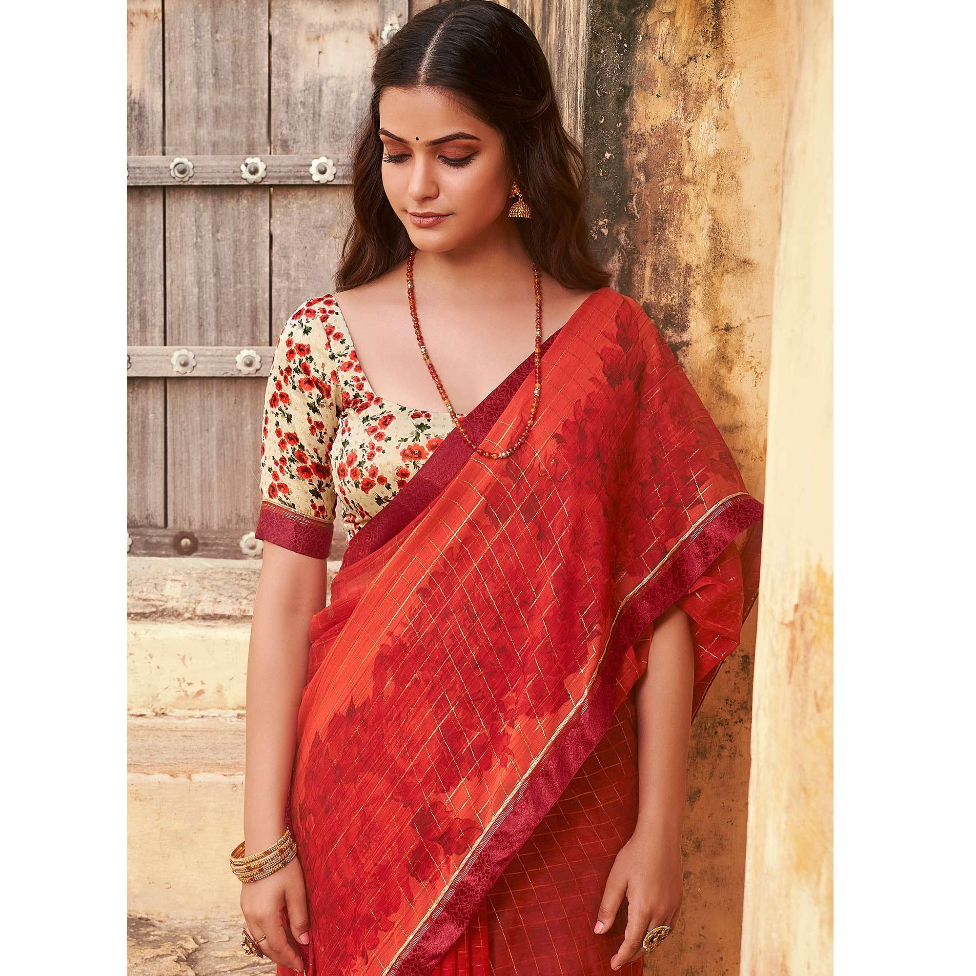 Red Casual Wear Printed Silk Saree - Peachmode