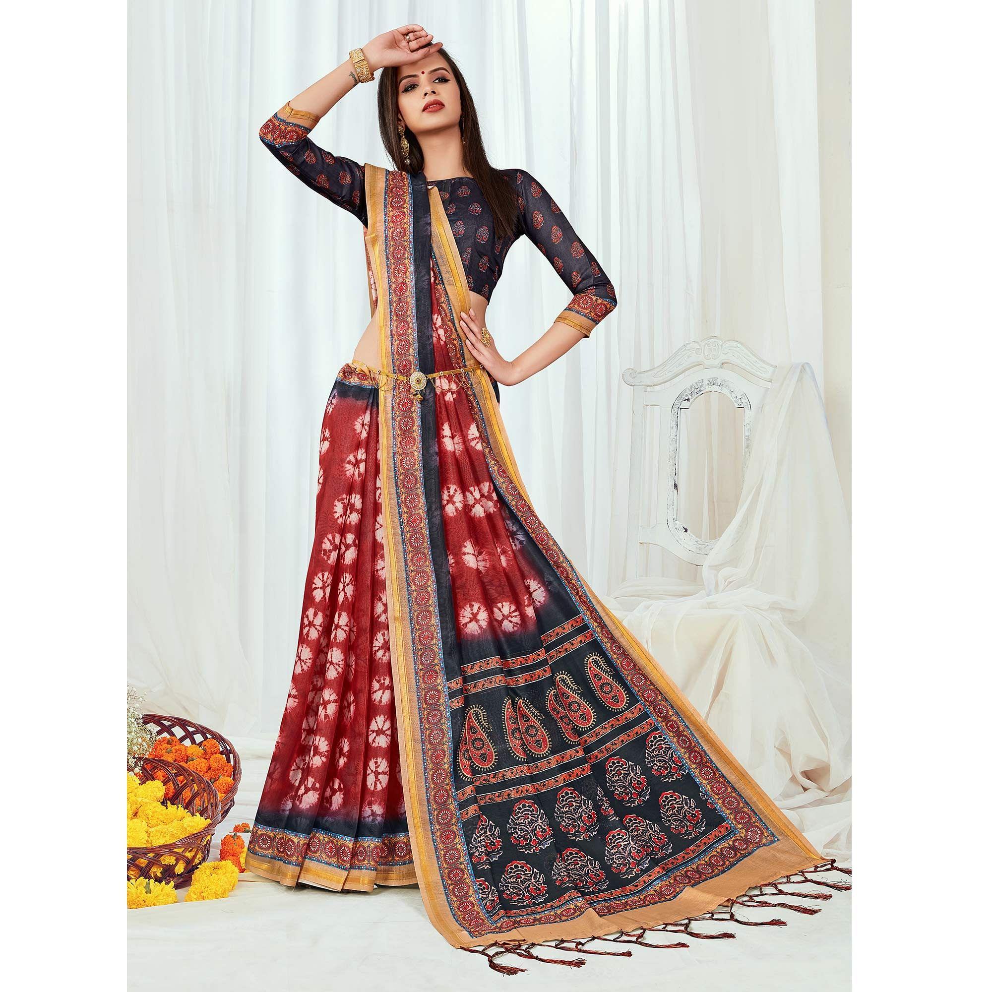 Red Casual Wear Printed Silk Saree - Peachmode