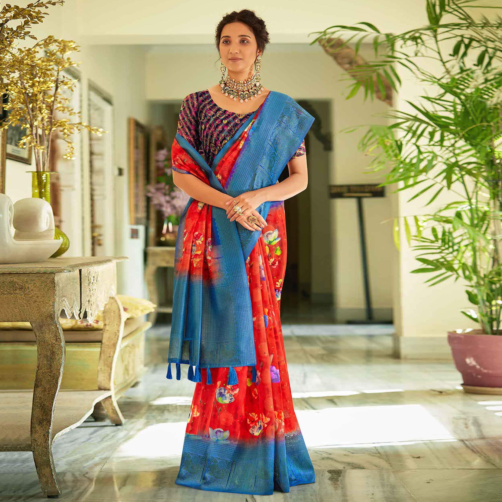 Red Casual Wear Printed Soft Cotton Saree - Peachmode