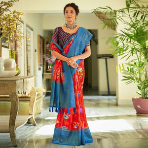Red Casual Wear Printed Soft Cotton Saree - Peachmode