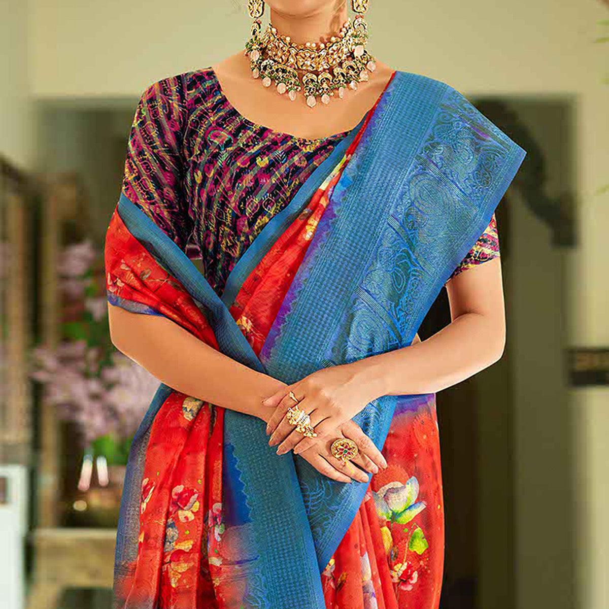 Red Casual Wear Printed Soft Cotton Saree - Peachmode