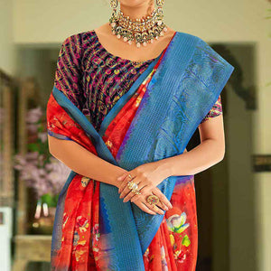 Red Casual Wear Printed Soft Cotton Saree - Peachmode