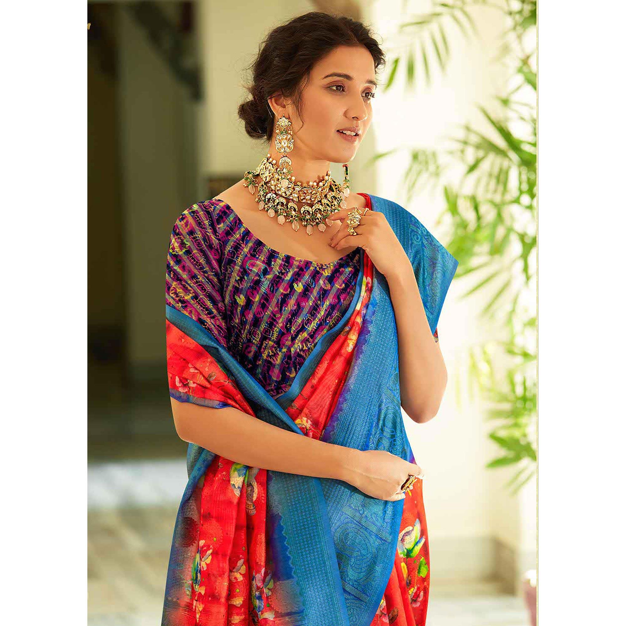 Red Casual Wear Printed Soft Cotton Saree - Peachmode