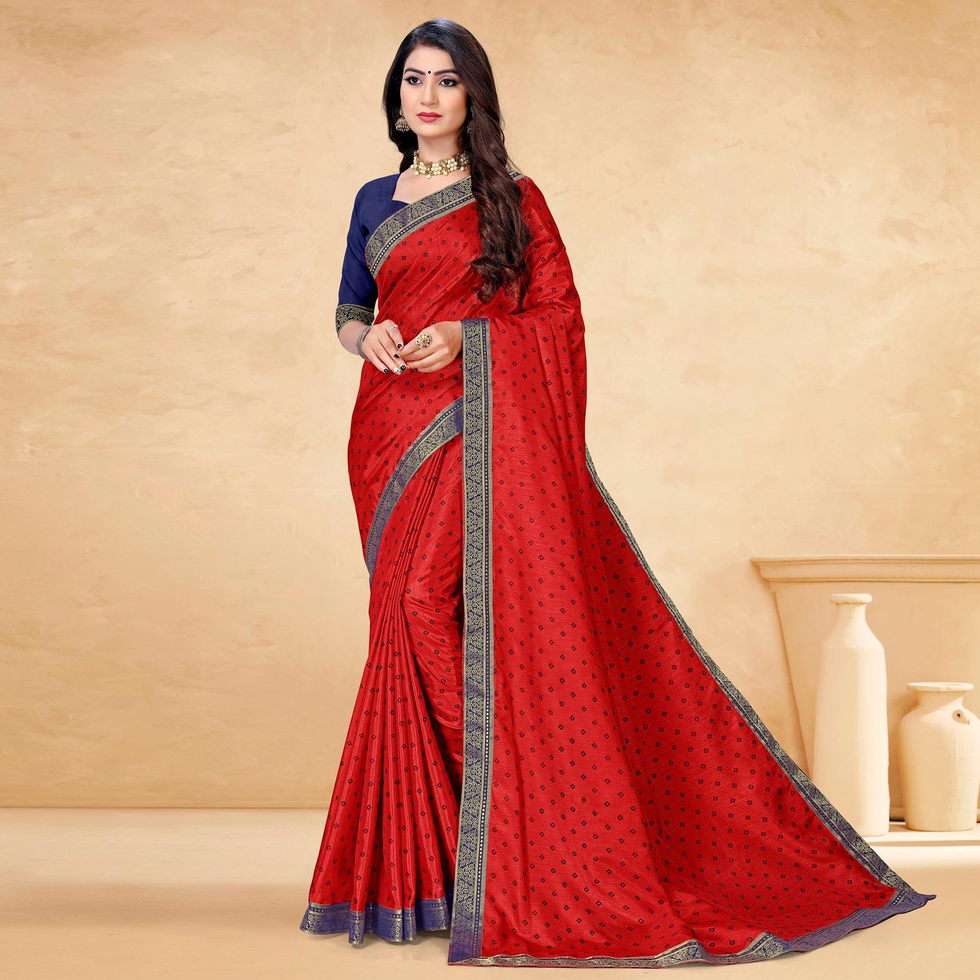 Red Casual Wear Printed Vichitra Silk Saree - Peachmode