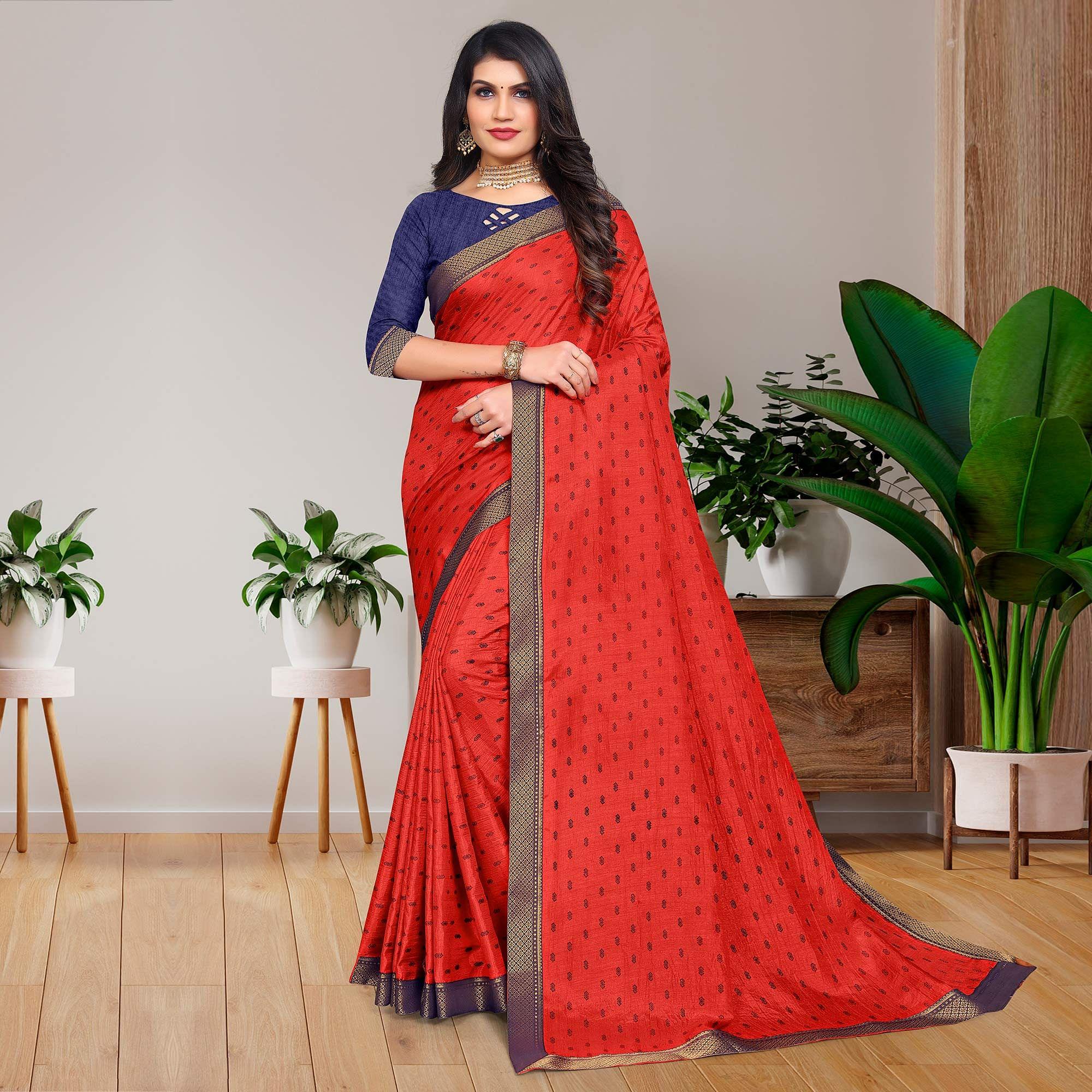 Red Casual Wear Printed Vichitra Silk Saree - Peachmode