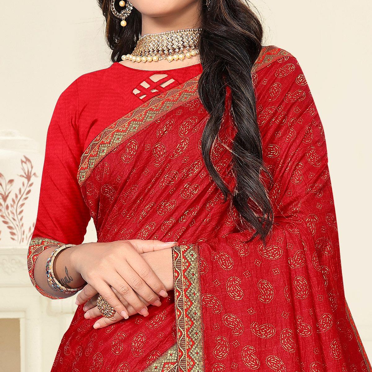 Red Casual Wear Printed Vichitra Silk Saree - Peachmode