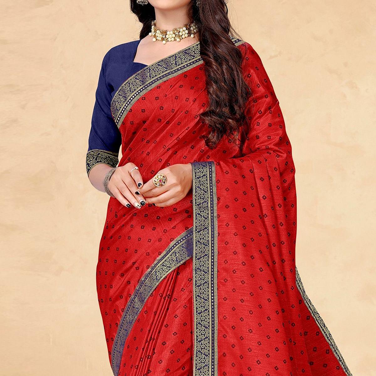Red Casual Wear Printed Vichitra Silk Saree - Peachmode