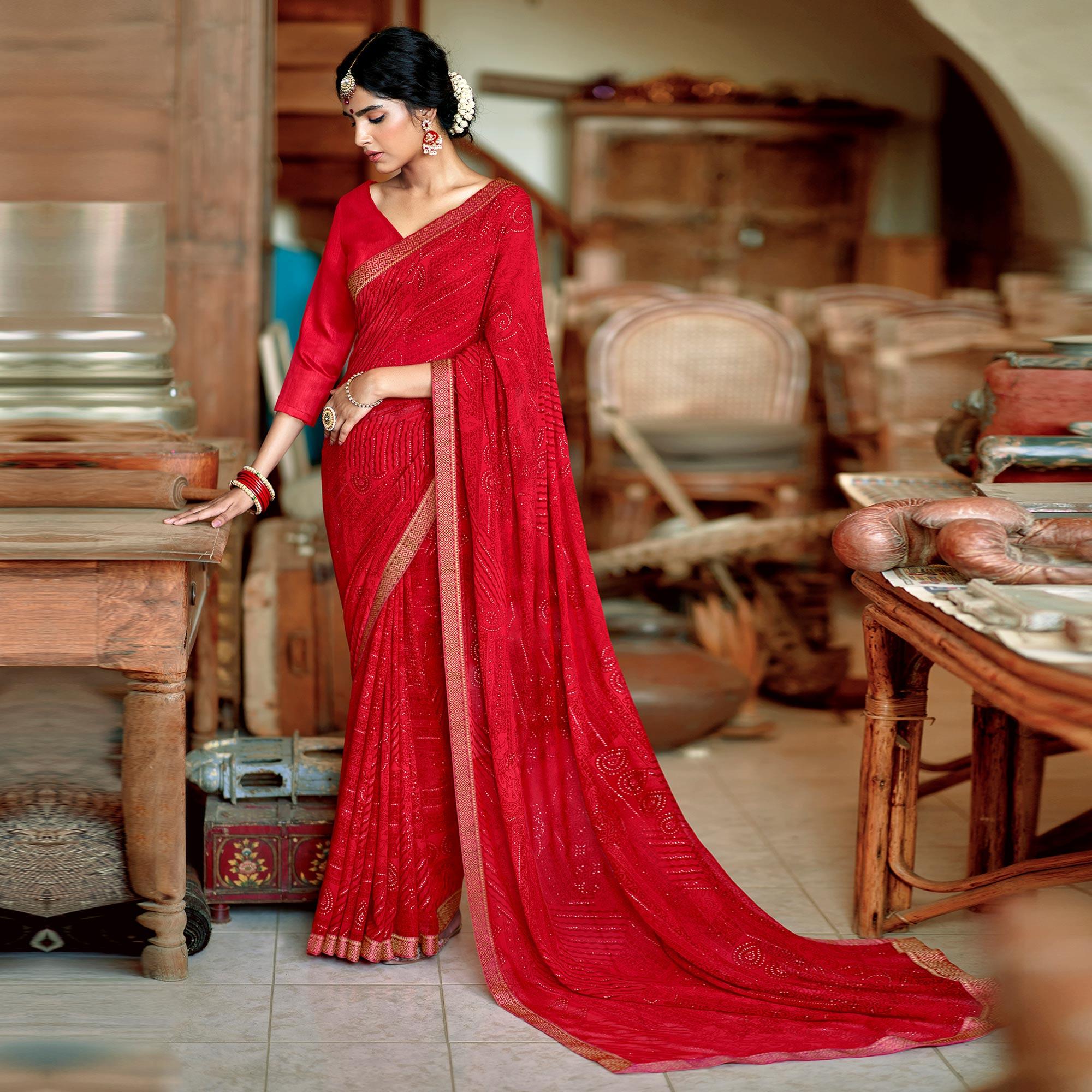 Red Casual Wear Printed With Fancy Lace Georgette Saree - Peachmode