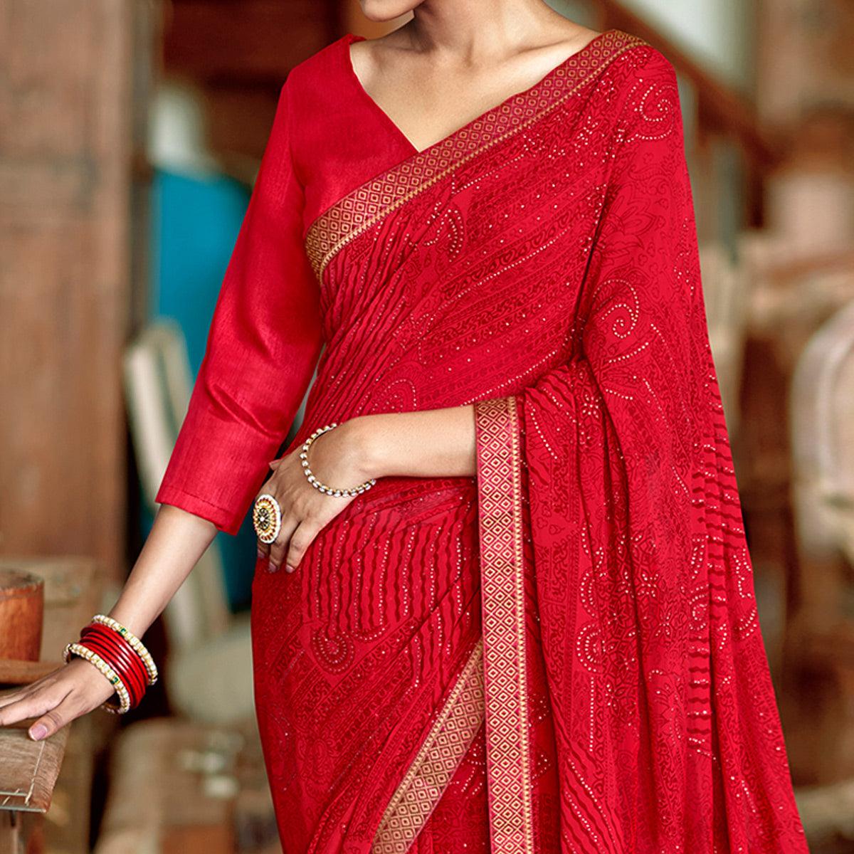 Red Casual Wear Printed With Fancy Lace Georgette Saree - Peachmode