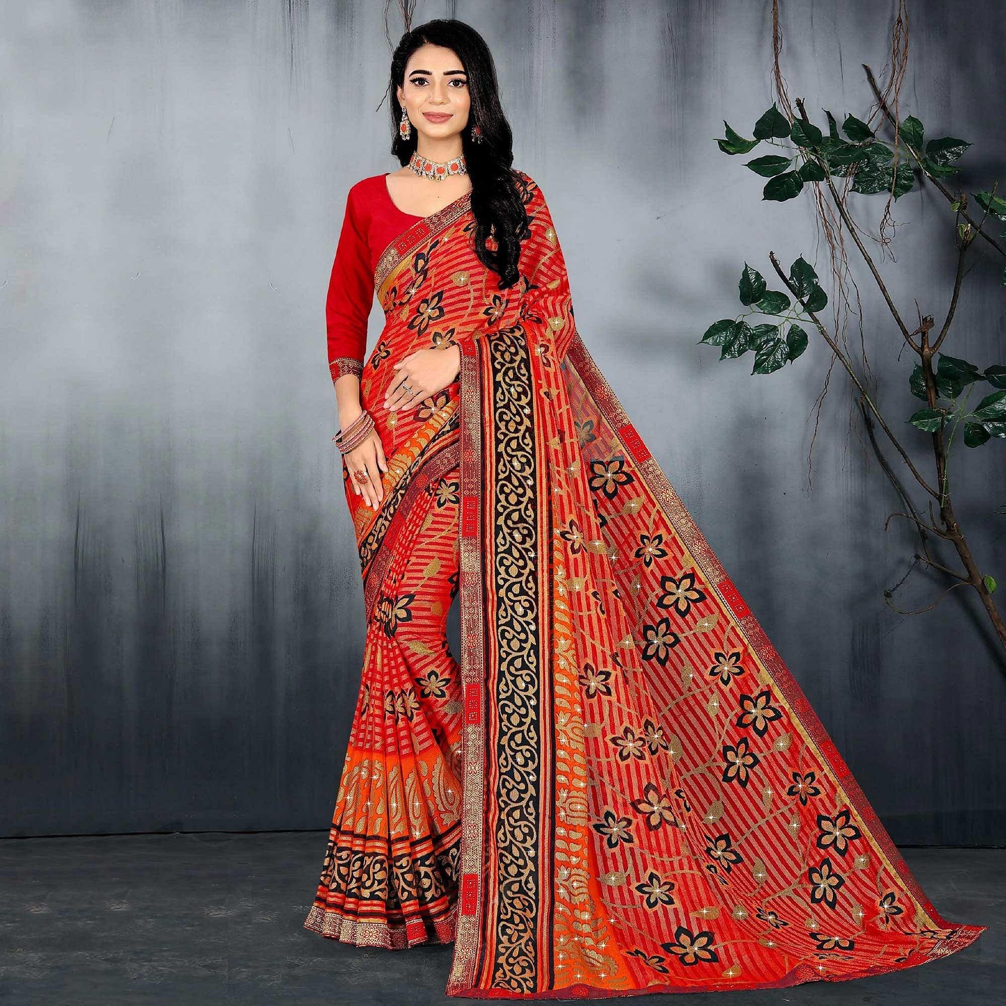 Red Casual Wear Printed With Stone Work Brasso Designer Saree - Peachmode