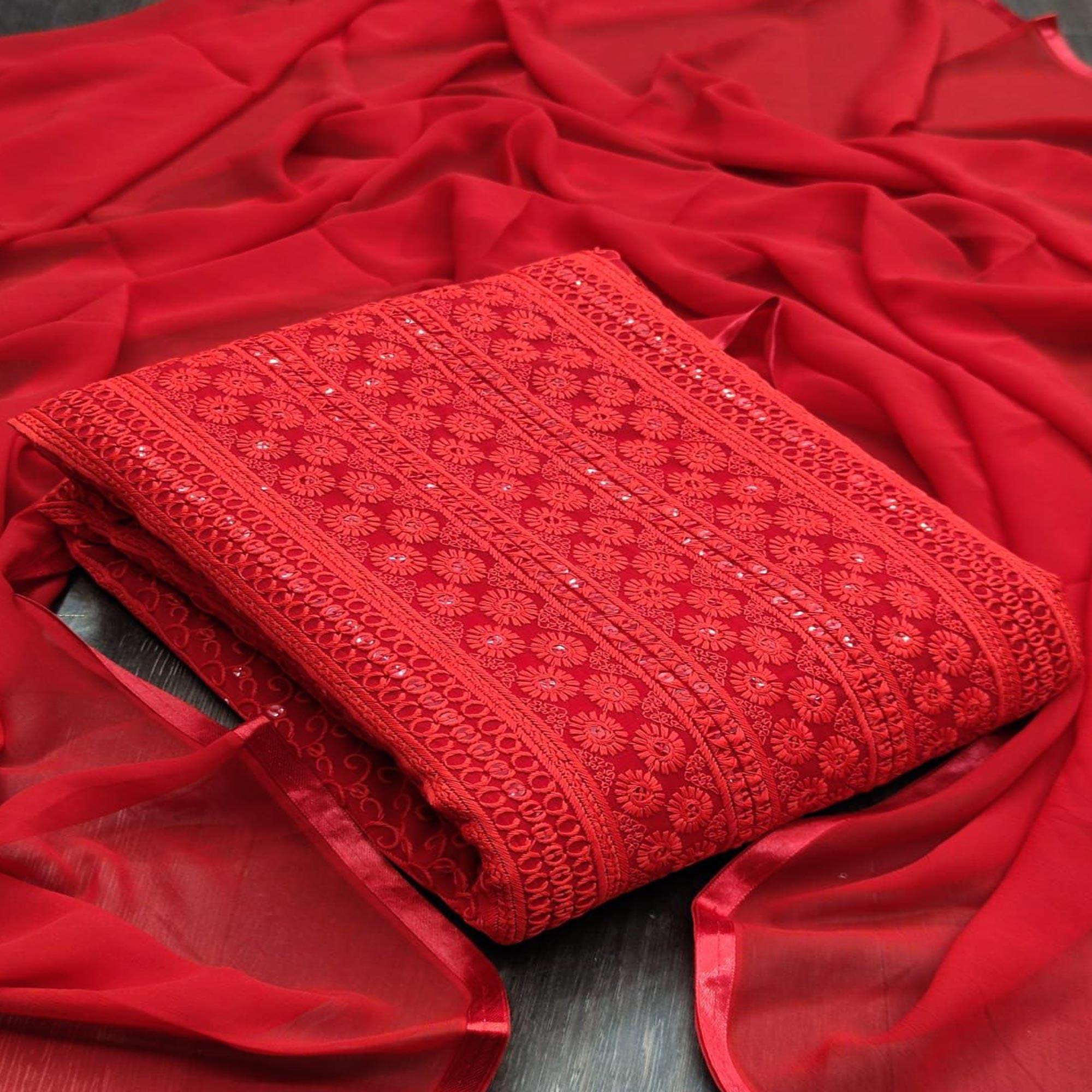 Red Casual Wear Sequence Embroidered Georgette Dress Material - Peachmode