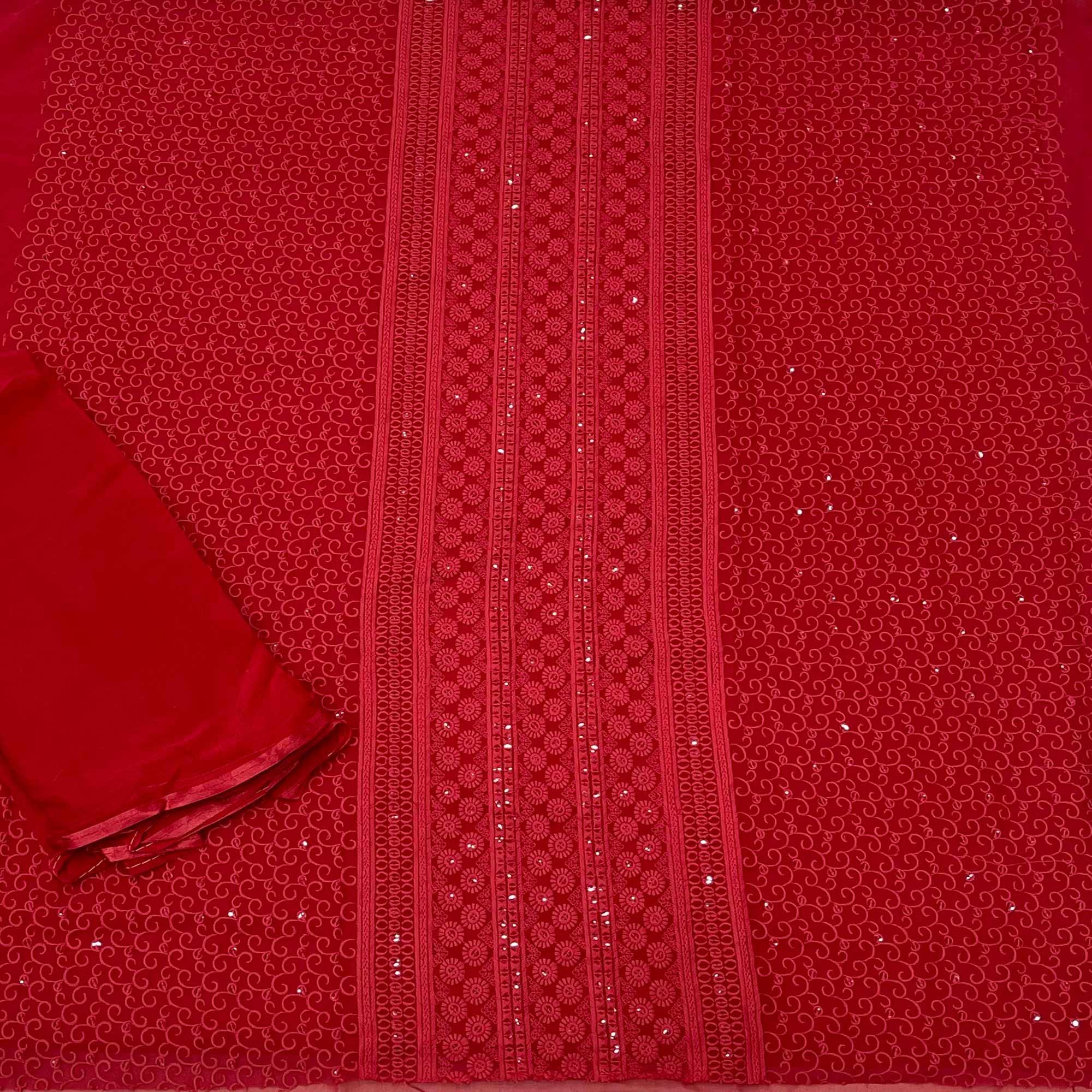 Red Casual Wear Sequence Embroidered Georgette Dress Material - Peachmode