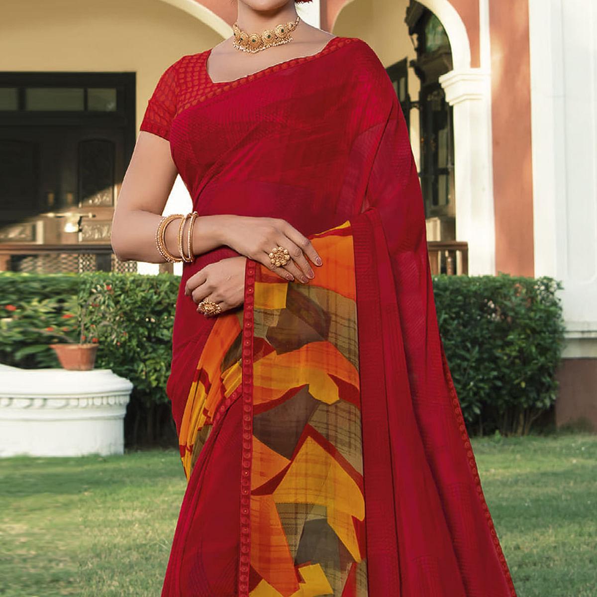 Red Casual Wear Solid Georgette Saree - Peachmode