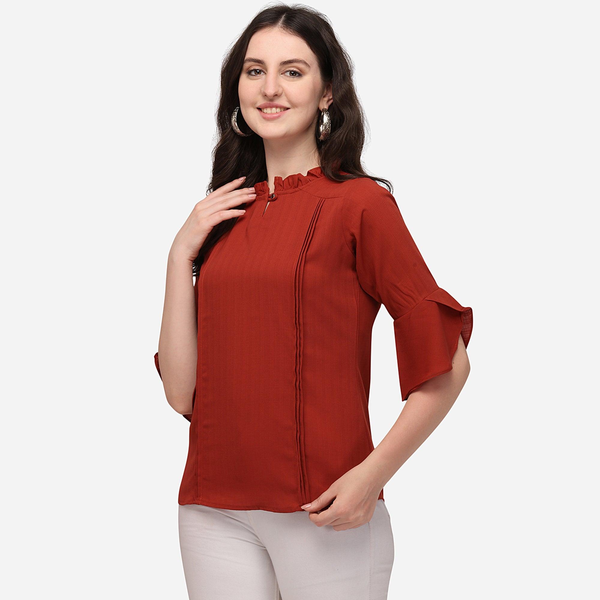 Red Casual Wear Solid Georgette Top - Peachmode