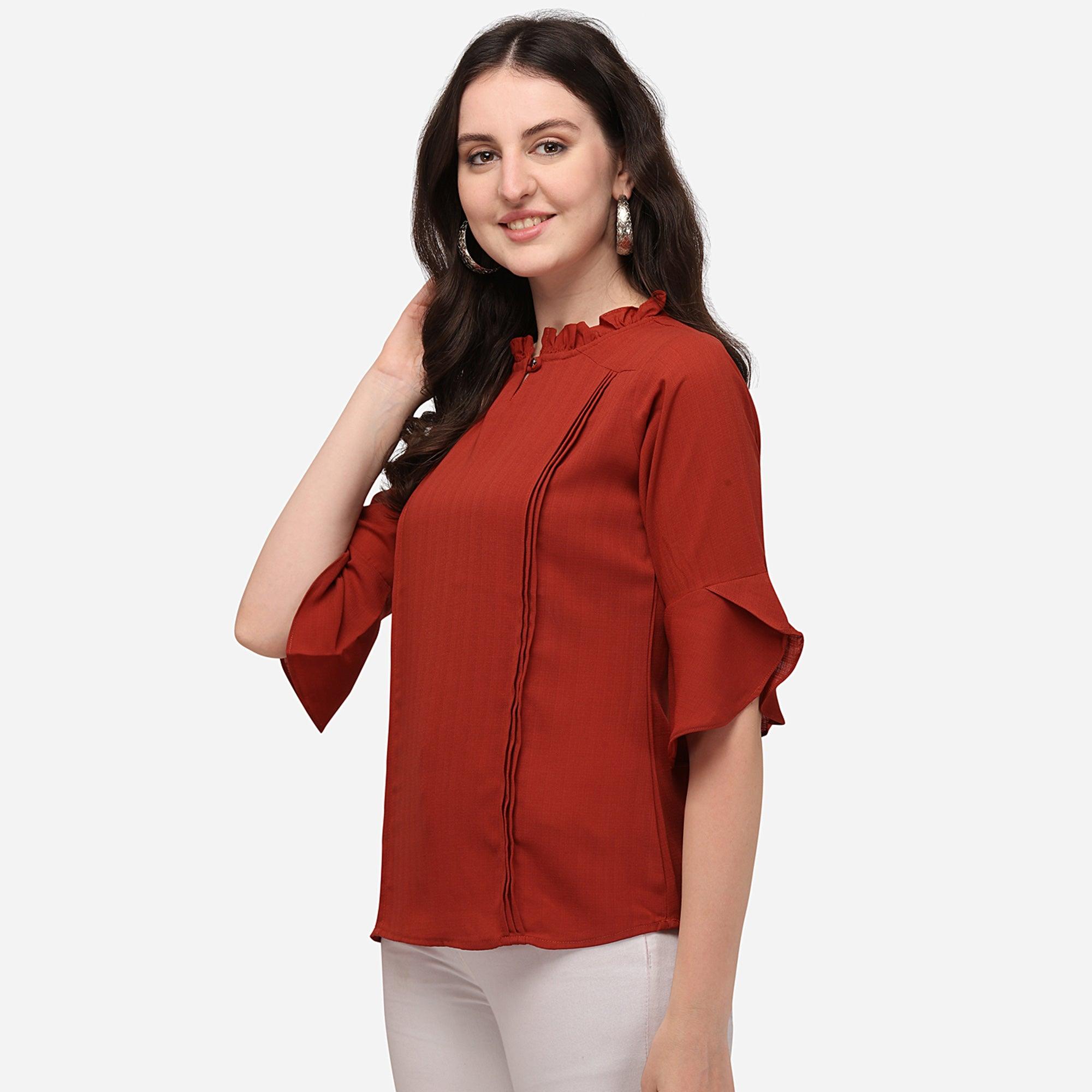 Red Casual Wear Solid Georgette Top - Peachmode