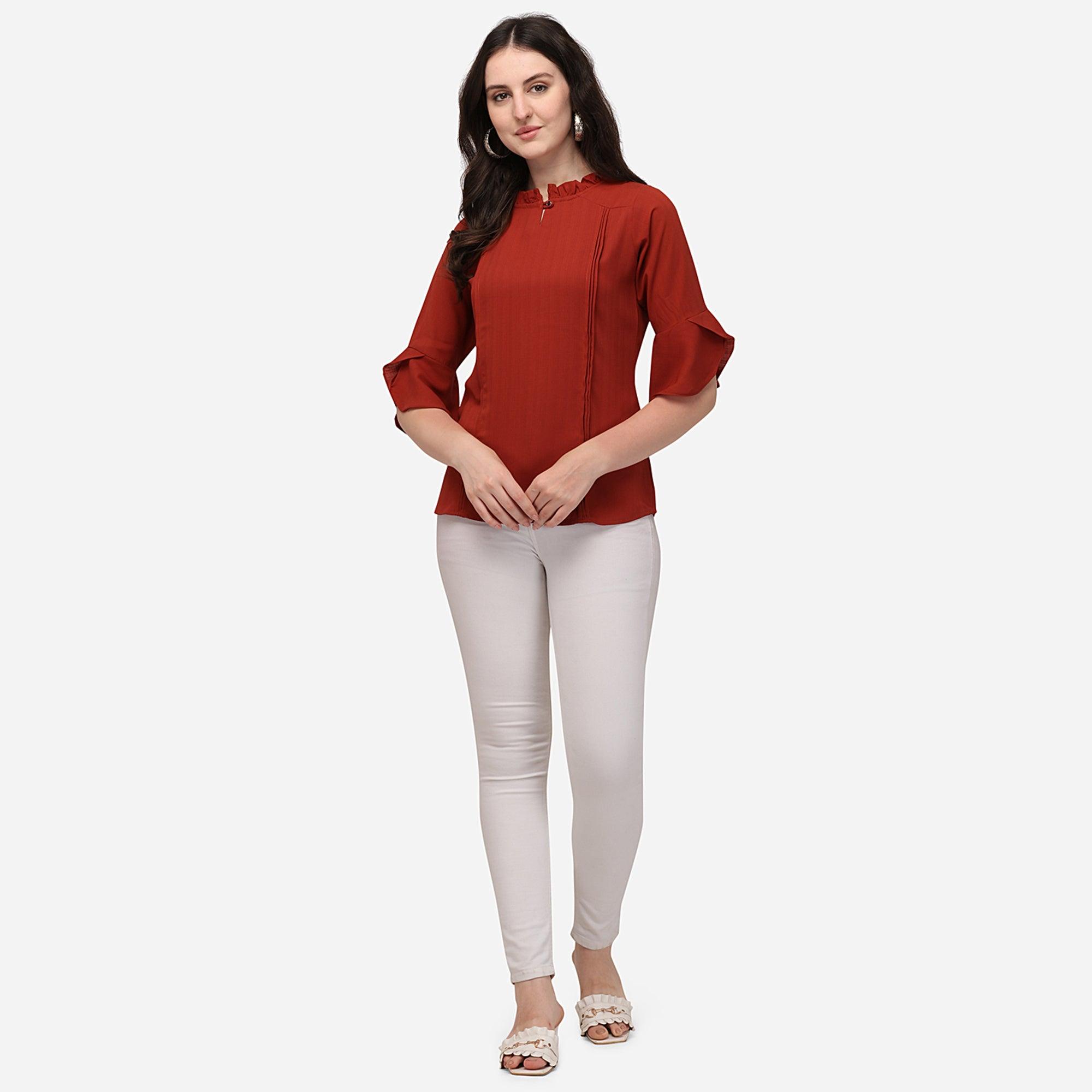 Red Casual Wear Solid Georgette Top - Peachmode