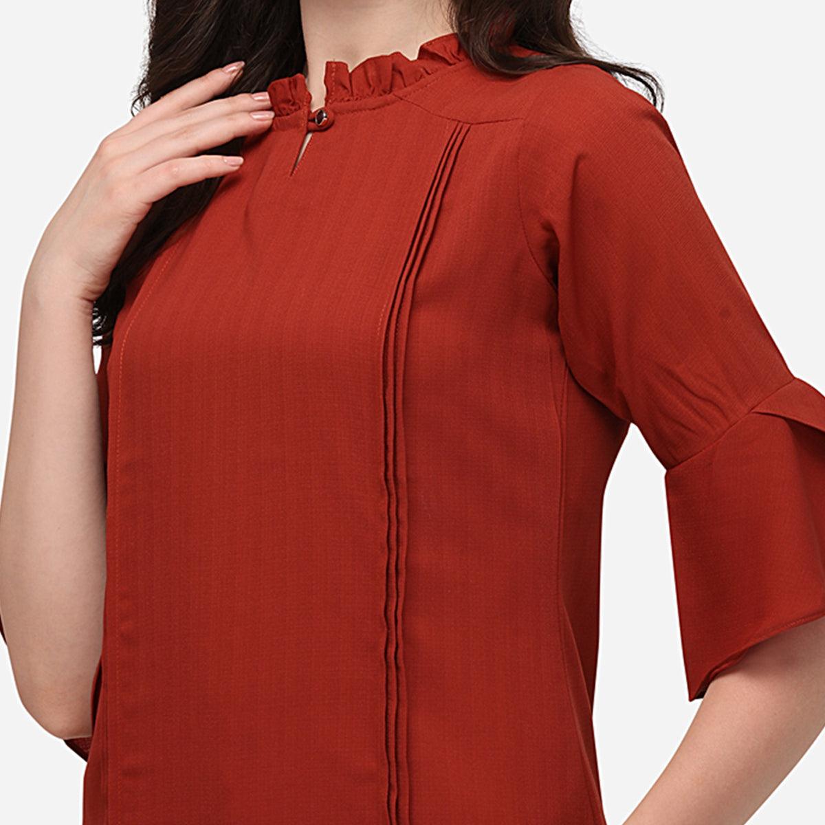 Red Casual Wear Solid Georgette Top - Peachmode