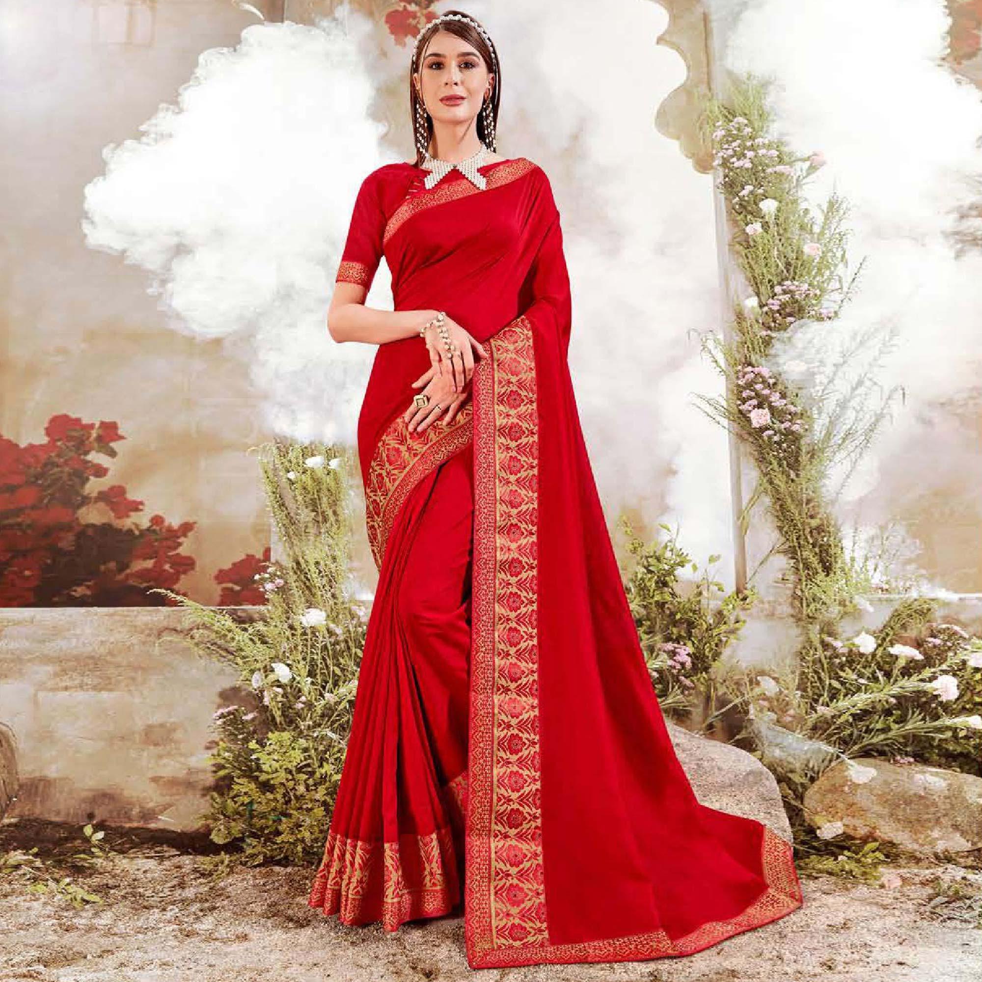 Red Casual Wear Solid Silk Saree With Fancy Border - Peachmode