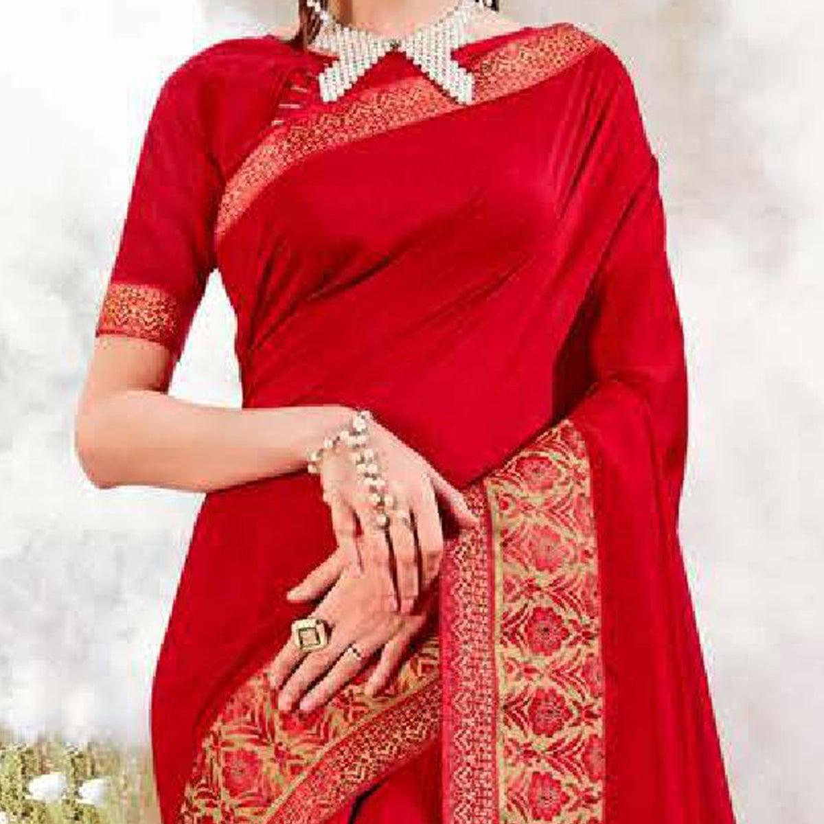 Red Casual Wear Solid Silk Saree With Fancy Border - Peachmode