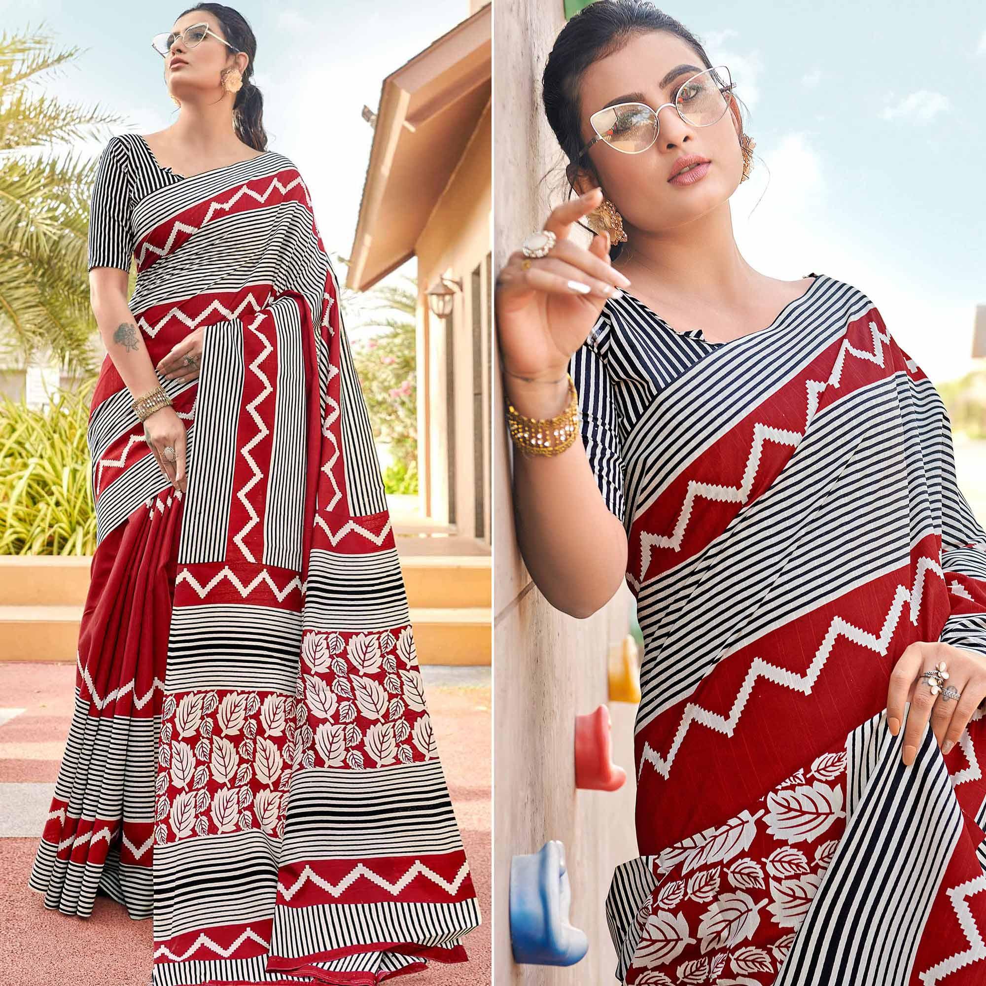 Red Casual Wear Striped Printed Bhagalpuri Silk Saree - Peachmode