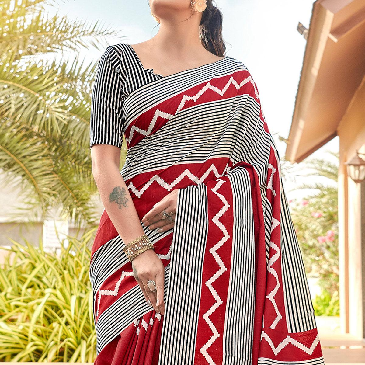 Red Casual Wear Striped Printed Bhagalpuri Silk Saree - Peachmode
