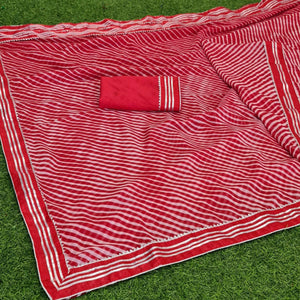 Red Casual Wear Striped Printed Georgette Saree With Gotta Patti Lace Border - Peachmode