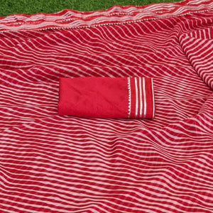 Red Casual Wear Striped Printed Georgette Saree With Gotta Patti Lace Border - Peachmode