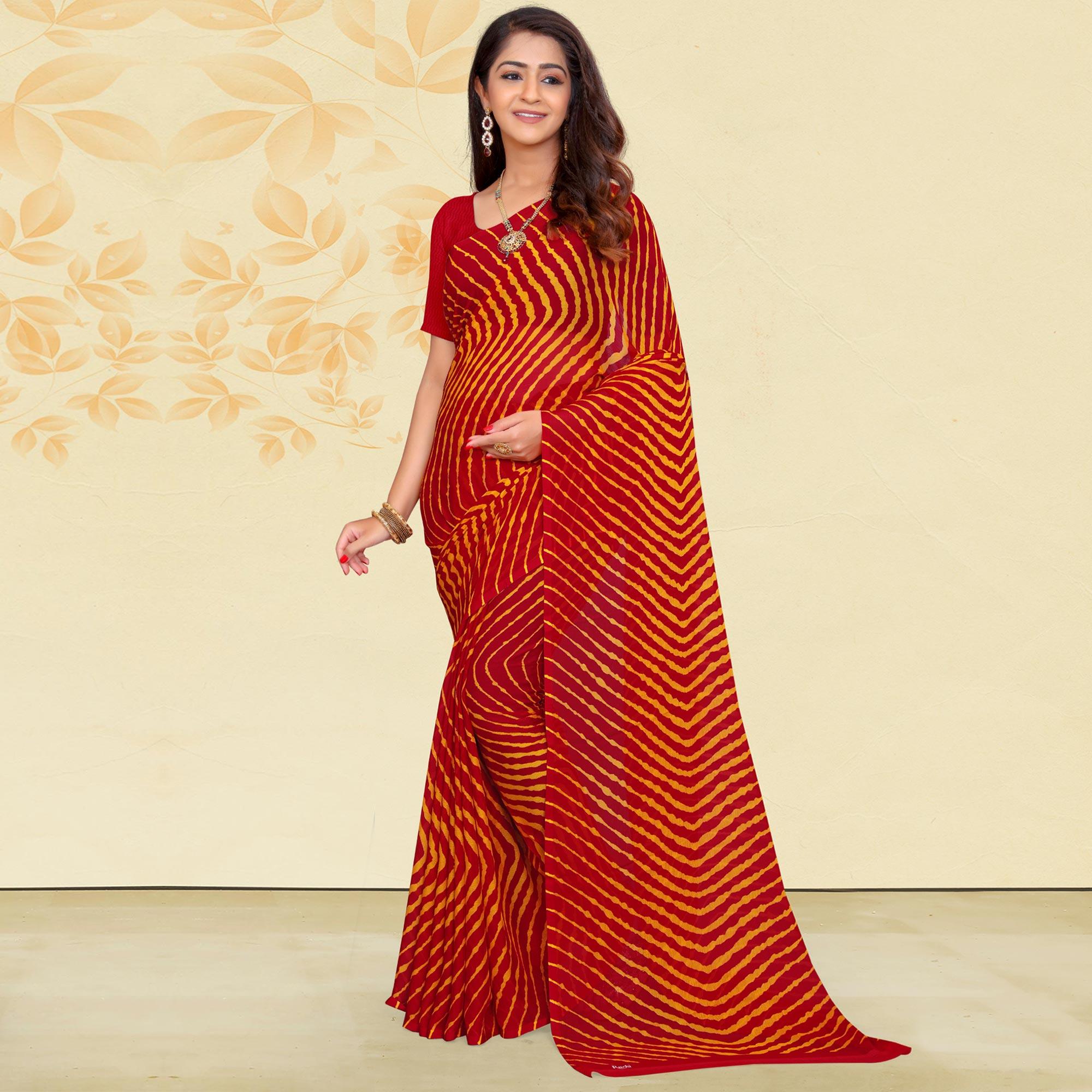 Red Casual Wear Stripes Printed Chiffon Saree - Peachmode
