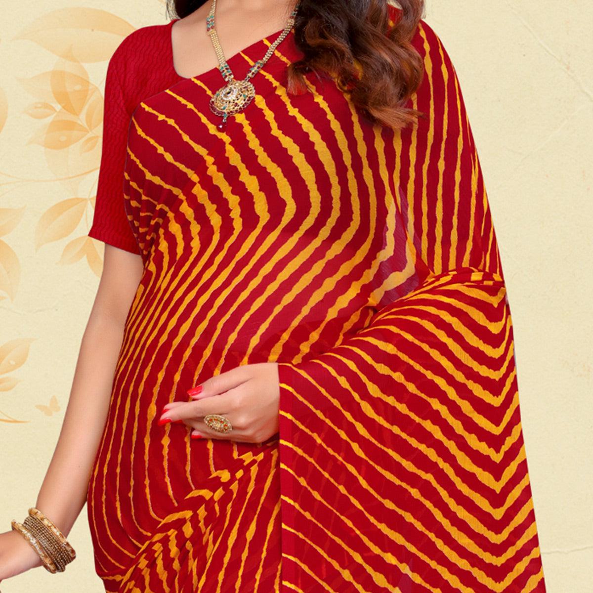Red Casual Wear Stripes Printed Chiffon Saree - Peachmode