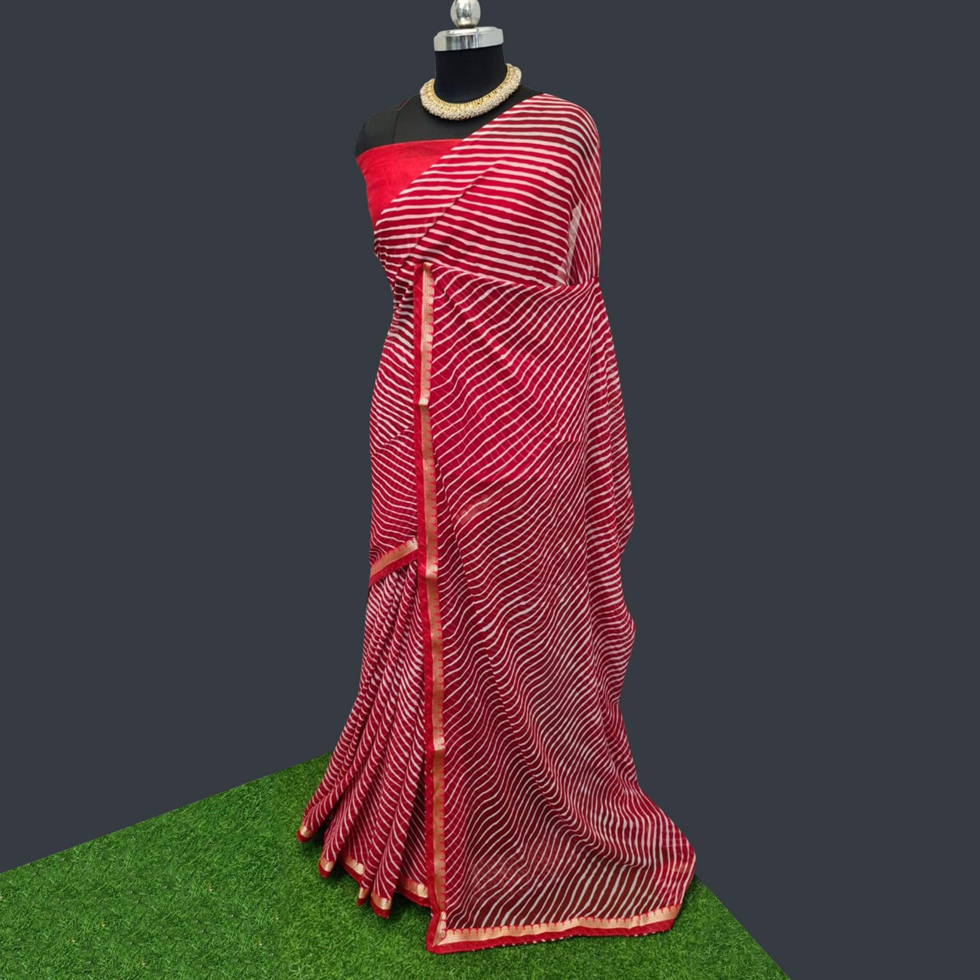 Red Casual Wear Stripes Printed Georgette Saree With Border - Peachmode