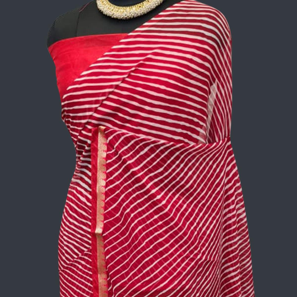 Red Casual Wear Stripes Printed Georgette Saree With Border - Peachmode