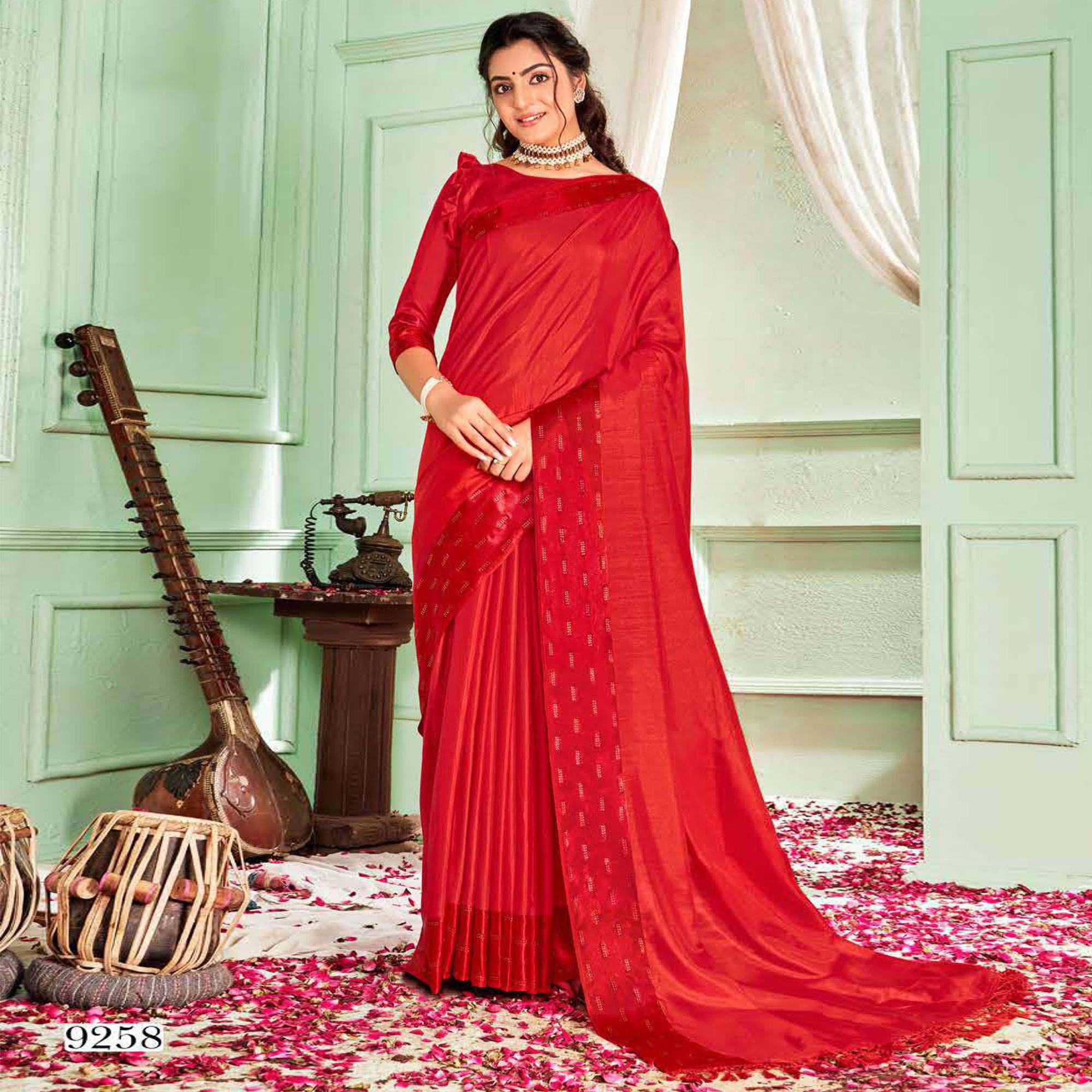 Red Casual Wear Sworski Work Dola Silk Saree - Peachmode