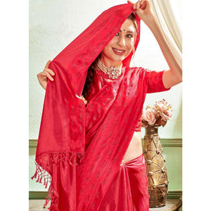 Red Casual Wear Sworski Work Dola Silk Saree - Peachmode