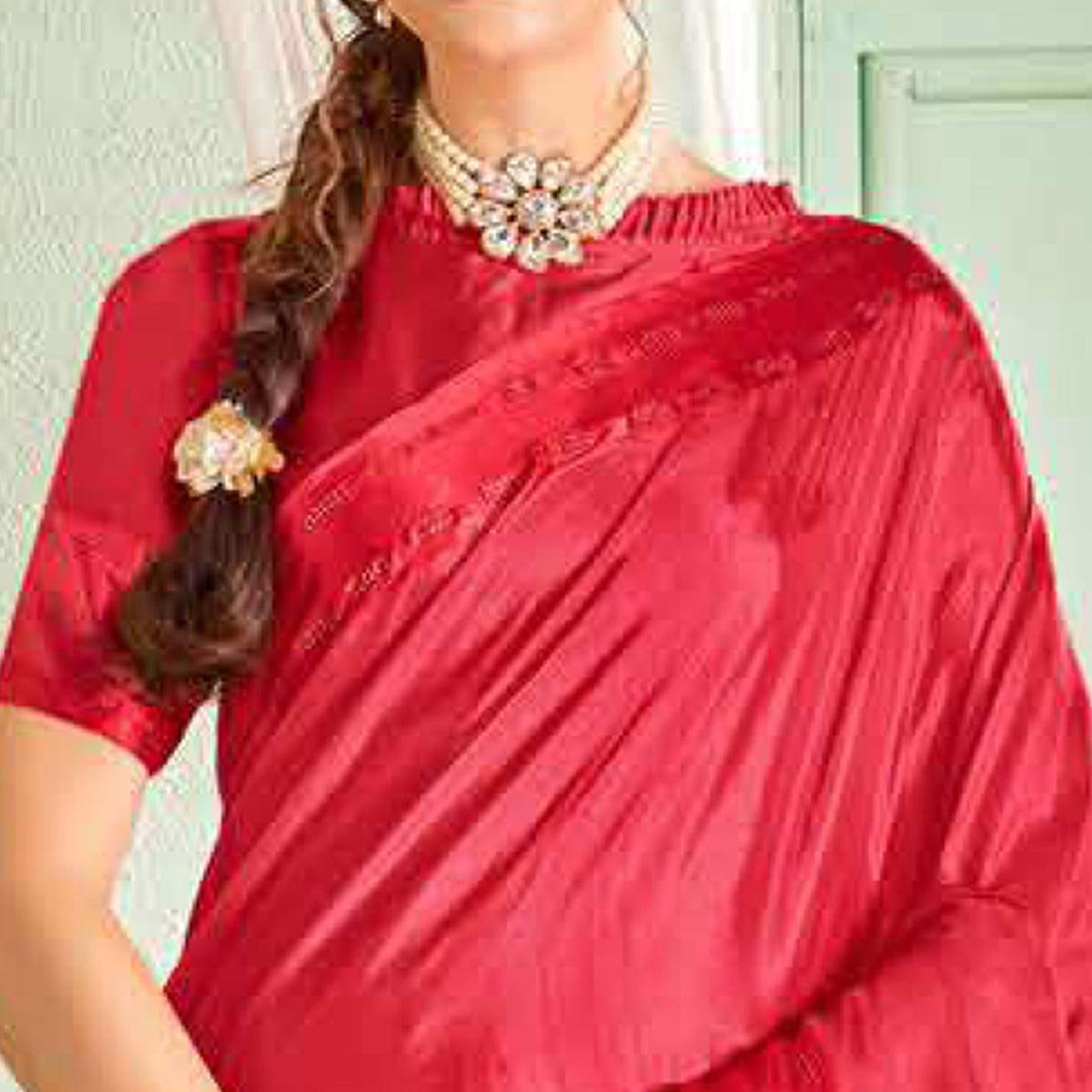 Red Casual Wear Sworski Work Dola Silk Saree - Peachmode