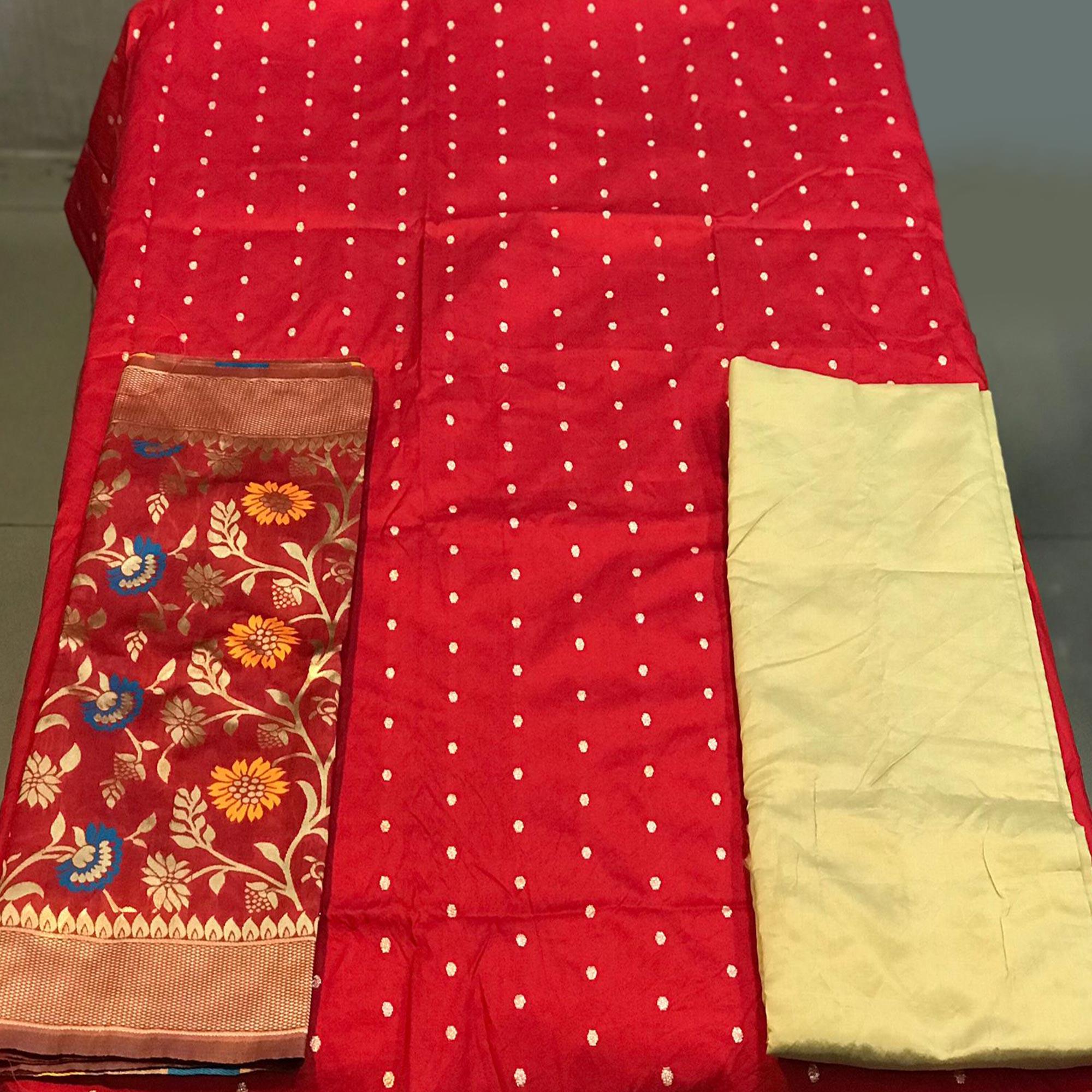 Red Casual Wear Woven Banarasi Silk Dress Material - Peachmode