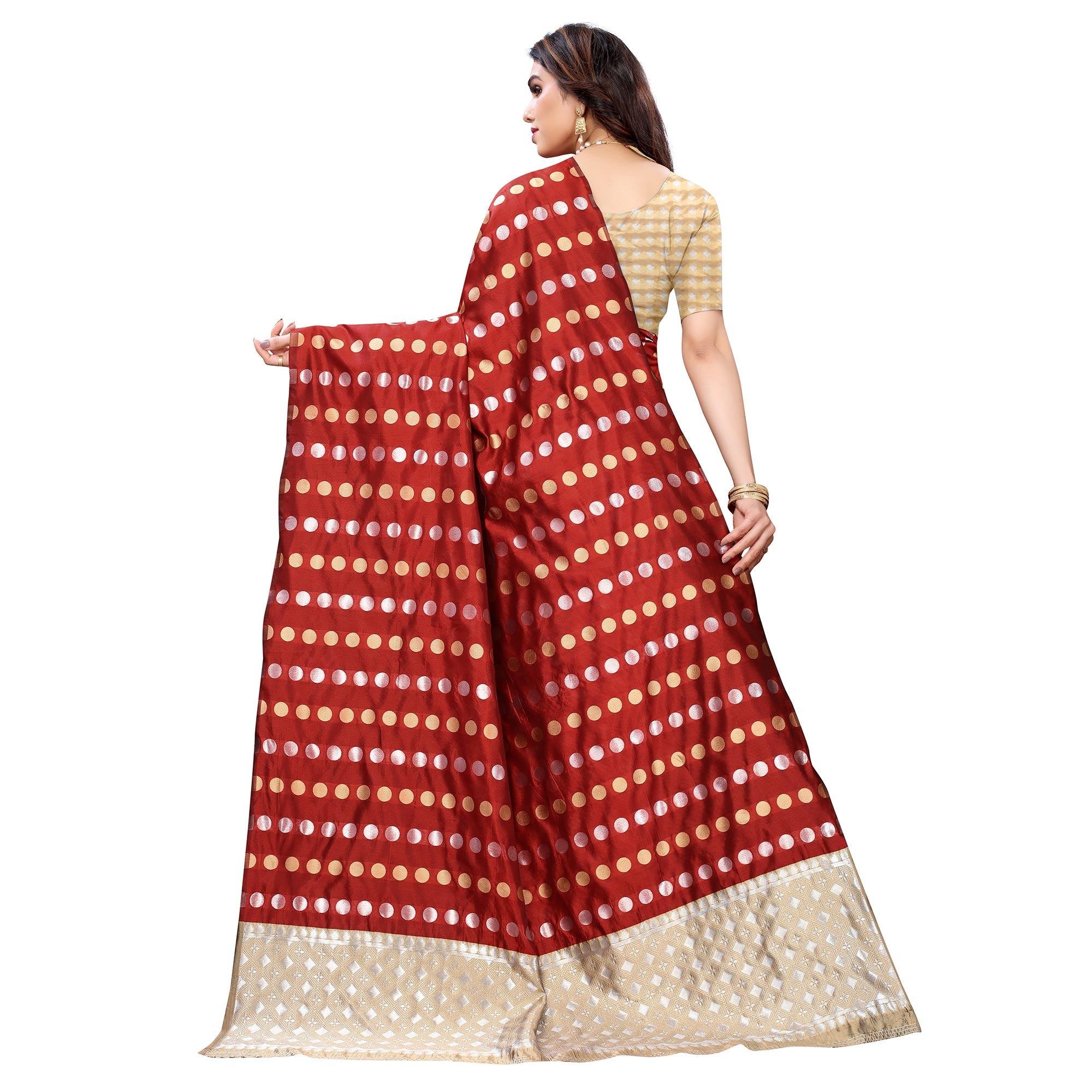 Red Casual Wear Woven Banarasi Silk Saree - Peachmode