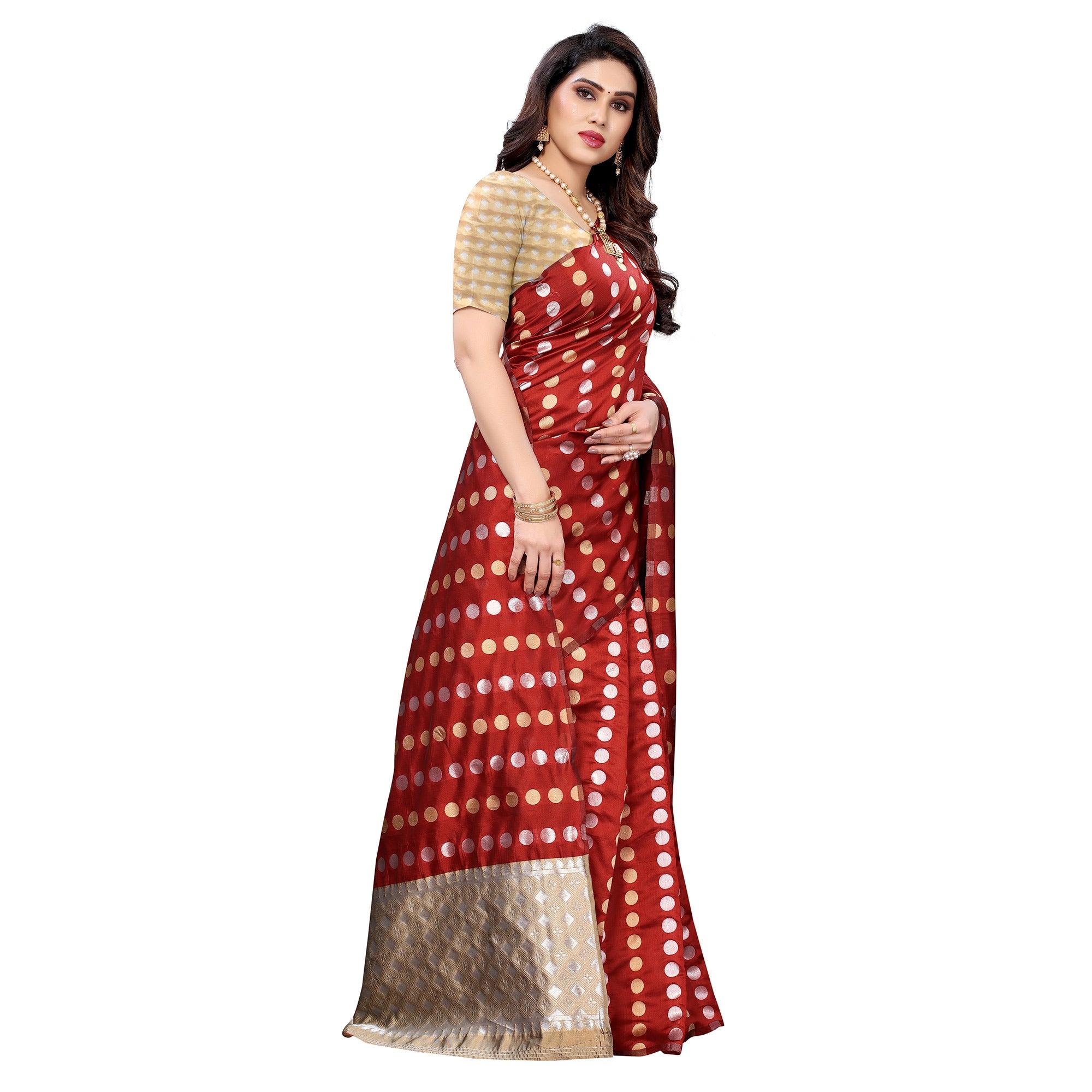 Red Casual Wear Woven Banarasi Silk Saree - Peachmode