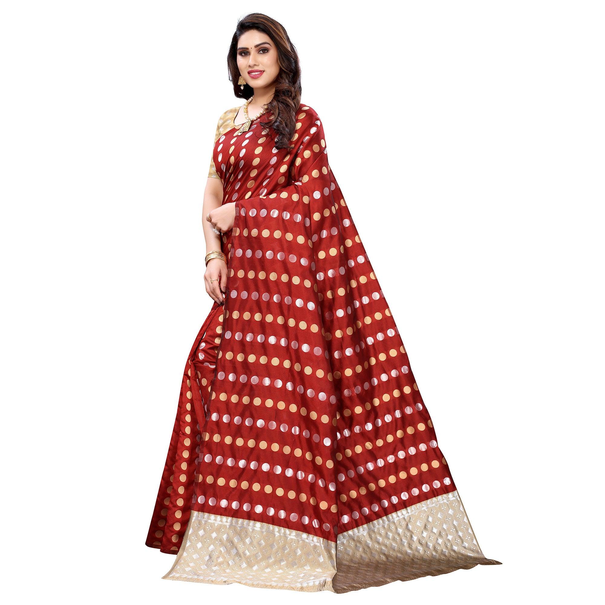 Red Casual Wear Woven Banarasi Silk Saree - Peachmode