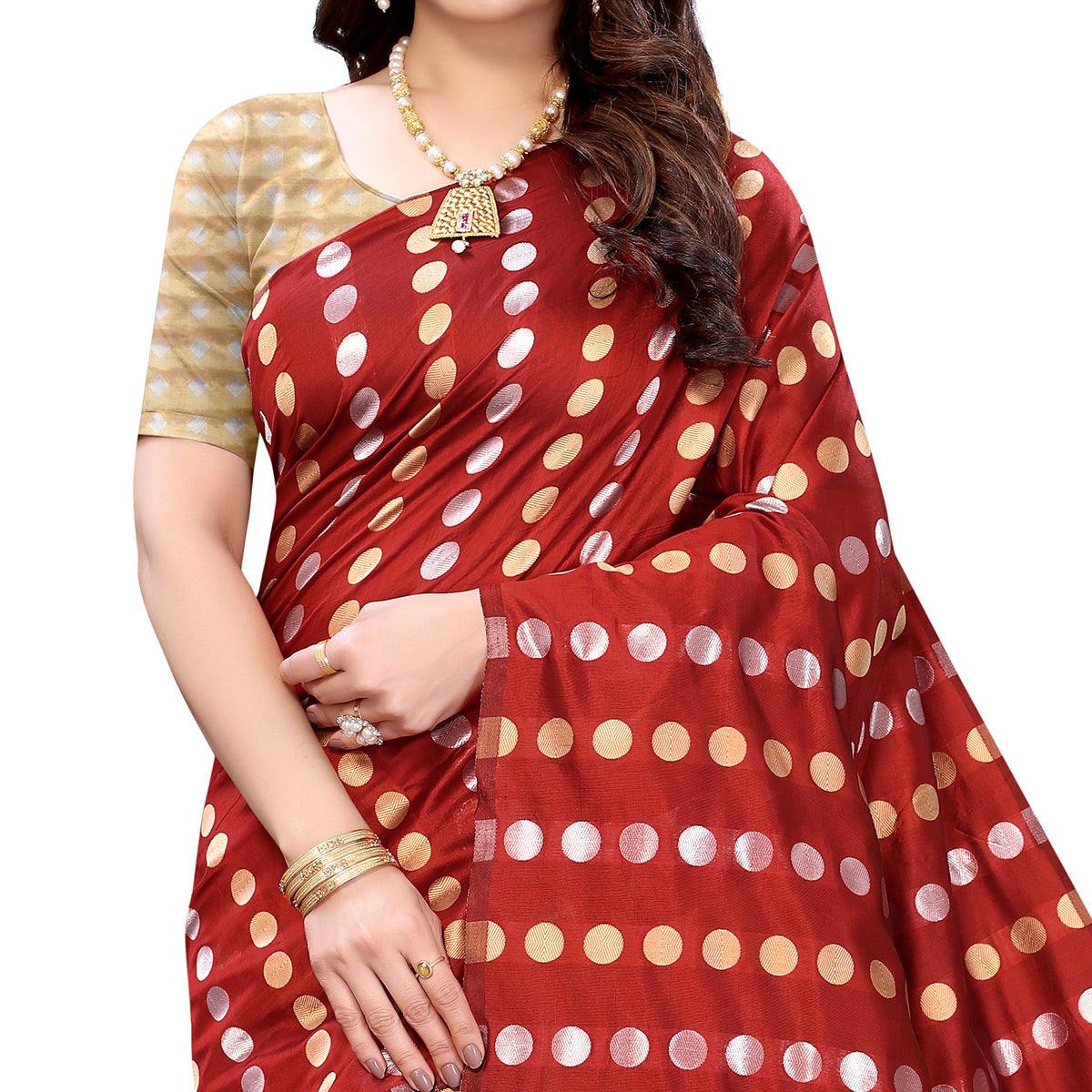 Red Casual Wear Woven Banarasi Silk Saree - Peachmode