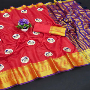 Red Casual Wear Woven Chanderi Silk Saree - Peachmode