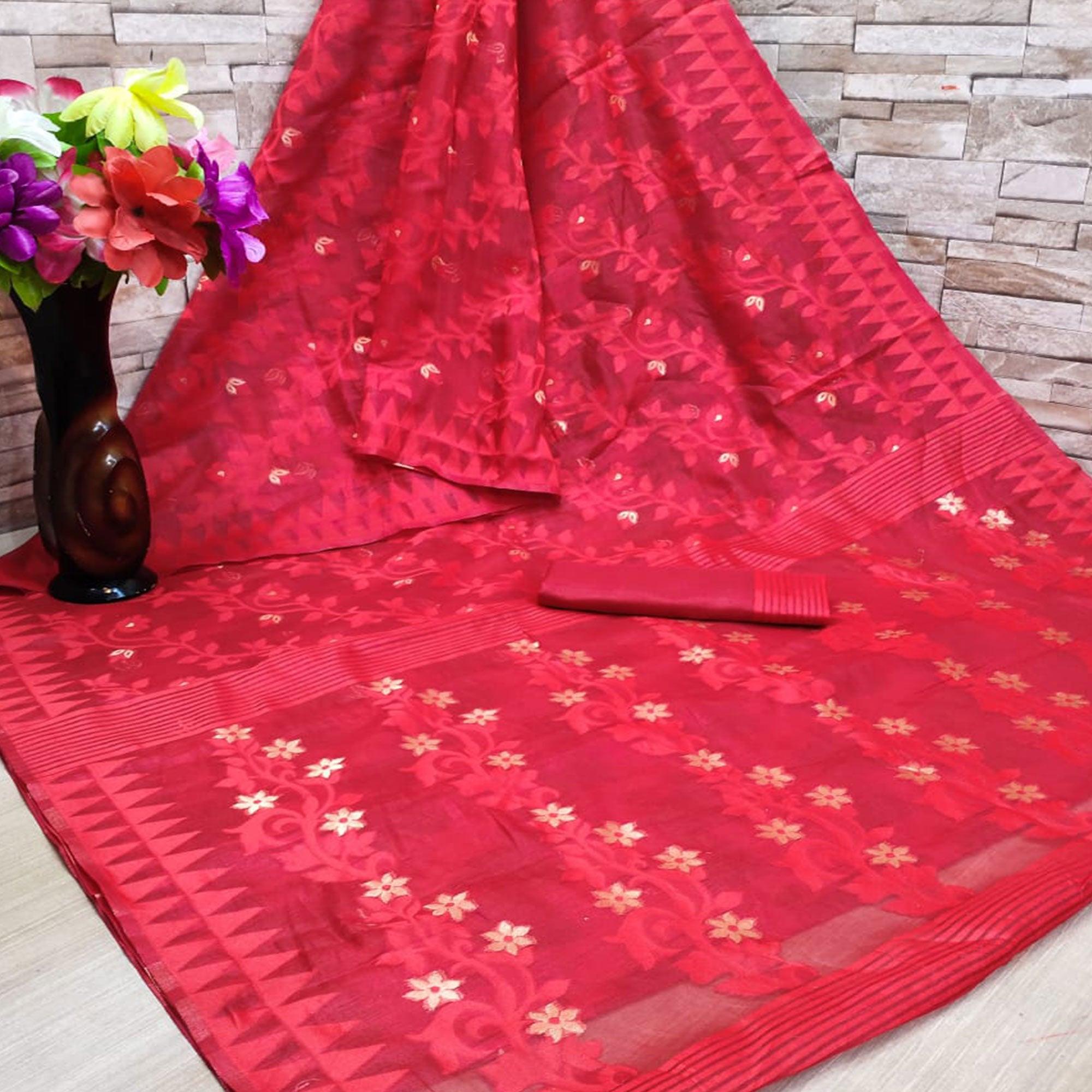 Red Casual Wear Woven Jacquard Silk Saree - Peachmode