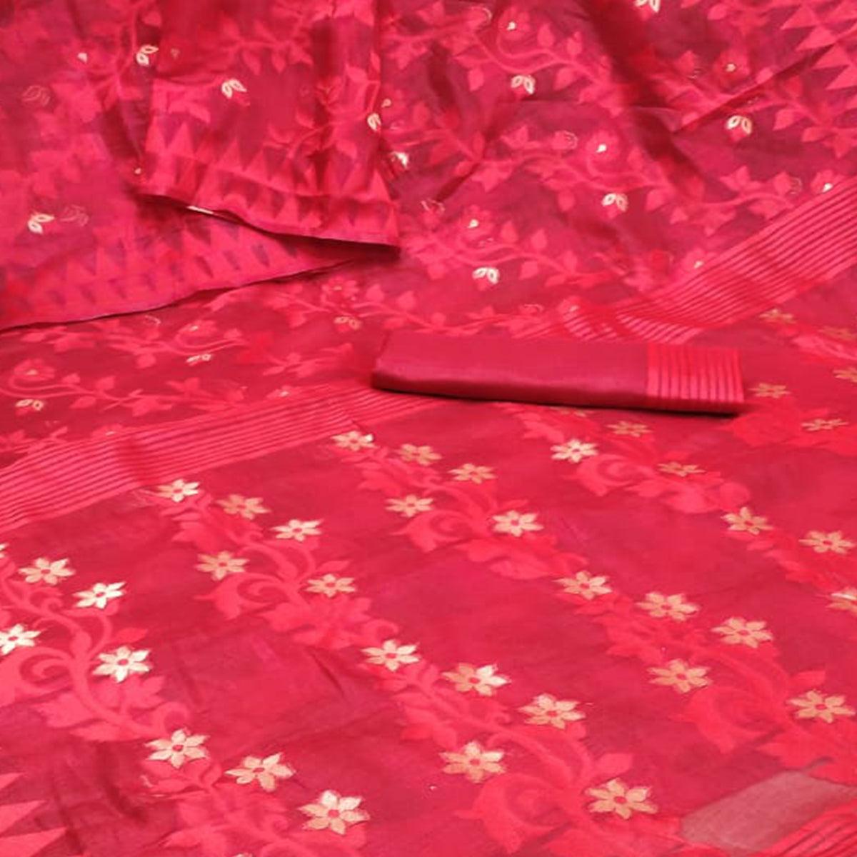 Red Casual Wear Woven Jacquard Silk Saree - Peachmode