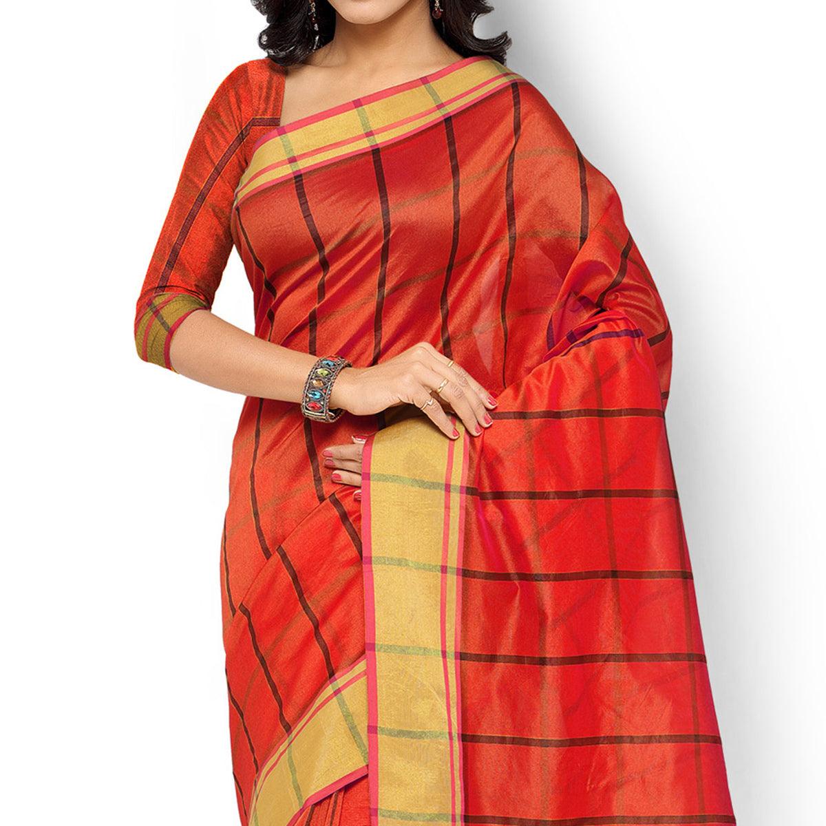 Red Checkered Woven Saree - Peachmode