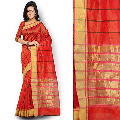 Red Checkered Woven Saree - Peachmode